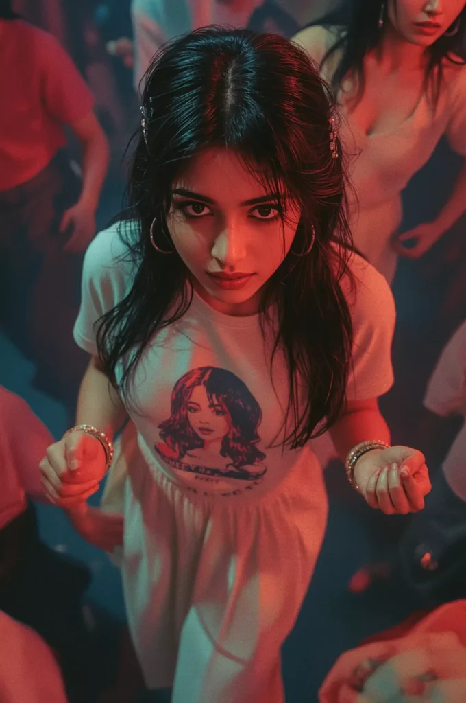 Girl dancing in a nightclub, wearing a retro graphic tee and pink skirt, energetic club atmosphere