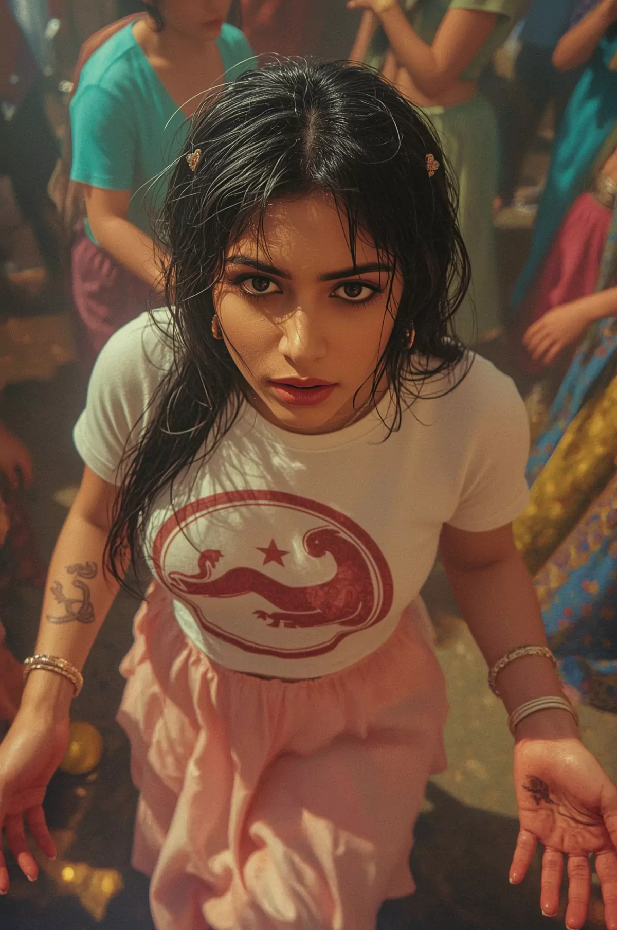 Top-down view of girl lively dancing in club, dressed in printed motif tee and flouncy skirt